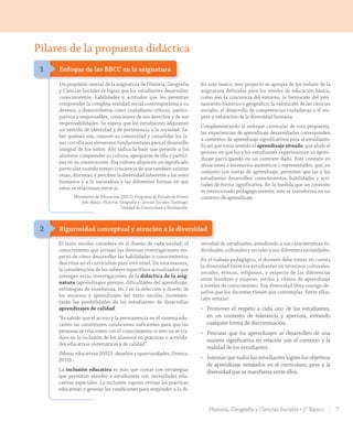Un propósito central de la asignatura de Historia, Geografía
y Ciencias Sociales es lograr que los estudiantes desarrollen
conocimientos, habilidades y actitudes que les permitan
comprender la compleja realidad social contemporánea y su
devenir, y desenvolverse como ciudadanos críticos, partici-
pativos y responsables, conscientes de sus derechos y de sus
responsabilidades. Se espera que los estudiantes adquieran
un sentido de identidad y de pertenencia a la sociedad. Sa-
ber quiénes son, conocer su comunidad y consolidar los la-
zos con ella son elementos fundamentales para el desarrollo
integral de los niños. Ahí radica la base que permite a los
alumnos comprender su cultura, apropiarse de ella y partici-
par en su construcción. Esa cultura adquirirá un significado
particular cuando tomen conciencia de que también existen
otras, distintas, y perciben la diversidad inherente a los seres
humanos y a la naturaleza y las diferentes formas en que
estos se relacionan entre sí.
Ministerio de Educación (2012). Programa de Estudio de Primer
Año Básico. Historia, Geografía y Ciencias Sociales. Santiago:
Unidad de Currículum y Evaluación.
En este marco, este proyecto se apropia de los énfasis de la
asignatura definidos para los niveles de educación básica,
como son la conciencia del entorno, la formación del pen-
samiento histórico y geográfico, la valoración de las ciencias
sociales, el desarrollo de competencias ciudadanas y el res-
peto y valoración de la diversidad humana.
Complementando el enfoque curricular de esta propuesta,
las experiencias de aprendizaje desarrolladas corresponden
a contextos de aprendizaje significativos para el estudiante.
Es así que toma sentido el aprendizaje situado, que alude al
proceso en que las y los estudiantes experimentan su apren-
dizaje participando en un contexto dado. Este consiste en
situaciones o escenarios auténticos o representados, que, en
conjunto con metas de aprendizaje, permiten que las y los
estudiantes desarrollen conocimientos, habilidades y acti-
tudes de forma significativa. En la medida que un contexto
es intencionado pedagógicamente, este se transforma en un
contexto de aprendizaje.
Enfoque de las BBCC en la asignatura1
El texto escolar considera en el diseño de cada unidad, el
conocimiento que arrojan las diversas investigaciones res-
pecto de cómo desarrollar las habilidades y conocimientos
descritos en el currículum para este nivel. De esta manera,
la consideración de los saberes específicos actualizados que
entregan estas investigaciones de la didáctica de la asig-
natura (aprendizajes previos, dificultades del aprendizaje,
estrategias de enseñanza, etc.) en la selección y diseño de
los recursos y aprendizajes del texto escolar, incremen-
tarán las posibilidades de los estudiantes de desarrollar
aprendizajes de calidad.
“Es sabido que el acceso y la permanencia en el sistema edu-
cativo no constituyen condiciones suficientes para que las
personas se relacionen con el conocimiento, si esto no se tra-
duce en la inclusión de los alumnos en prácticas o activida-
des educativas sistemáticas y de calidad”.
(Metas educativas 20921: desafíos y oportunidades, Unesco,
2010)
La inclusión educativa es más que contar con estrategias
que permitan atender a estudiantes con necesidades edu-
cativas especiales. La inclusión supone revisar las prácticas
educativas y generar las condiciones para responder a la di-
versidad de estudiantes, atendiendo a sus características in-
dividuales, culturales y sociales y sus diferentes necesidades.
En el trabajo pedagógico, el docente debe tomar en cuenta
la diversidad entre los estudiantes en términos culturales,
sociales, étnicos, religiosos, y respecto de las diferencias
entre hombres y mujeres, estilos y ritmos de aprendizaje
y niveles de conocimiento. Esa diversidad lleva consigo de-
safíos que los docentes tienen que contemplar. Entre ellos,
cabe señalar:
• Promover el respeto a cada uno de los estudiantes,
en un contexto de tolerancia y apertura, evitando
cualquier forma de discriminación.
• Procurar que los aprendizajes se desarrollen de una
manera significativa en relación con el contexto y la
realidad de los estudiantes.
• Intentar que todos los estudiantes logren los objetivos
de aprendizaje señalados en el currículum, pese a la
diversidad que se manifiesta entre ellos.
Rigurosidad conceptual y atención a la diversidad2
Pilares de la propuesta didáctica
7Historia, Geografía y Ciencias Sociales • 1° Básico
INI_GDD_H1B_TOMO 1.indd 7 24-09-18 17:29
 