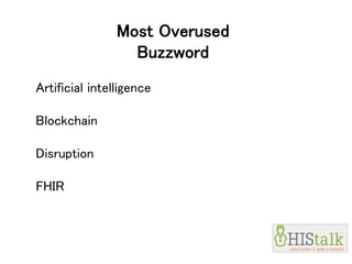 Most Overused
Buzzword
Artificial intelligence
Blockchain
Disruption
FHIR
 