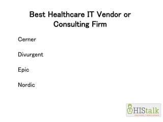 Best Healthcare IT Vendor or
Consulting Firm
Cerner
Divurgent
Epic
Nordic
 