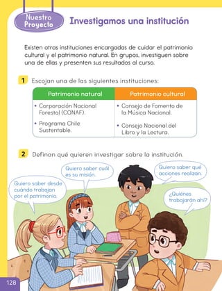 Nuestro
Proyecto Investigamos una institución
2 Definan qué quieren investigar sobre la institución.
Existen otras instituciones encargadas de cuidar el patrimonio
cultural y el patrimonio natural. En grupos, investiguen sobre
una de ellas y presenten sus resultados al curso.
1 Escojan una de las siguientes instituciones:
Patrimonio natural Patrimonio cultural
• Corporación Nacional
Forestal (CONAF).
• Programa Chile
Sustentable.
• Consejo de Fomento de
la Música Nacional.
• Consejo Nacional del
Libro y la Lectura.
Quiero saber qué
acciones realizan.
Quiero saber cuál
es su misión.
Quiero saber desde
cuándo trabajan
por el patrimonio. ¿Quiénes
trabajarán ahí?
128
cl215937_texto_126-139_ud04_l02.indd 128
cl215937_texto_126-139_ud04_l02.indd 128 22-12-23 14:30
22-12-23 14:30
 