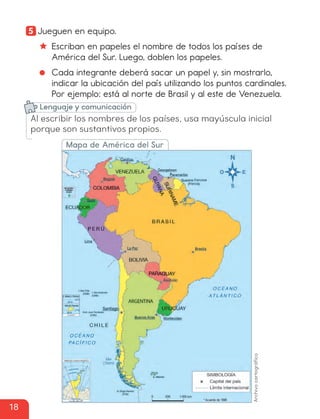 Mapa de América del Sur
5 Jueguen en equipo.
Escriban en papeles el nombre de todos los países de
América del Sur. Luego, doblen los papeles.
Cada integrante deberá sacar un papel y, sin mostrarlo,
indicar la ubicación del país utilizando los puntos cardinales.
Por ejemplo: está al norte de Brasil y al este de Venezuela.
Al escribir los nombres de los países, usa mayúscula inicial
porque son sustantivos propios.
Lenguaje y comunicación
Archivo
cartográfico
18
cl215937_texto_006-019_ud01_l01.indd 18
cl215937_texto_006-019_ud01_l01.indd 18 22-12-23 16:03
22-12-23 16:03
 