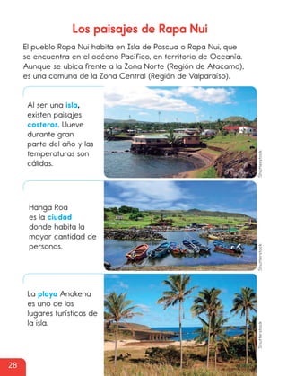 Los paisajes de Rapa Nui
El pueblo Rapa Nui habita en Isla de Pascua o Rapa Nui, que
se encuentra en el océano Pacífico, en territorio de Oceanía.
Aunque se ubica frente a la Zona Norte (Región de Atacama),
es una comuna de la Zona Central (Región de Valparaíso).
Al ser una isla,
existen paisajes
costeros. Llueve
durante gran
parte del año y las
temperaturas son
cálidas.
Hanga Roa
es la ciudad
donde habita la
mayor cantidad de
personas.
La playa Anakena
es uno de los
lugares turísticos de
la isla.
Shutterstock
Shutterstock
Shutterstock
28
cl215937_texto_020-039_ud01_l02.indd 28
cl215937_texto_020-039_ud01_l02.indd 28 22-12-23 14:12
22-12-23 14:12
 