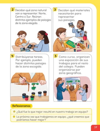 3
4 5
2 Decidan qué zona natural
van a representar: Norte,
Centro o Sur. Reúnan
distintos ejemplos de paisajes
de la zona elegida.
Decidan qué materiales
necesitarán para
representar
sus paisajes.
Distribúyanse tareas.
Por ejemplo, pueden
hacer distintos paisajes
de la zona escogida.
Como curso, organicen
una exposición de sus
trabajos para el resto
del colegio. Pueden
organizarse por
zona geográfica.
Reflexionamos
¿Qué fue lo que mejor resultó en nuestro trabajo en equipo?
La próxima vez que trabajemos en equipo, ¿qué creemos que
podríamos hacer mejor?
37
cl215937_texto_020-039_ud01_l02.indd 37
cl215937_texto_020-039_ud01_l02.indd 37 22-12-23 14:12
22-12-23 14:12
 