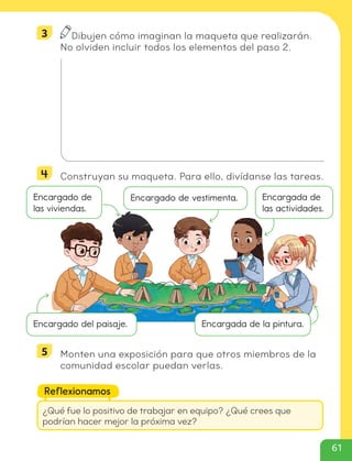 Encargado de
las viviendas.
Encargada de
las actividades.
Encargado del paisaje.
3 Dibujen cómo imaginan la maqueta que realizarán.
No olviden incluir todos los elementos del paso 2.
4 Construyan su maqueta. Para ello, divídanse las tareas.
5 Monten una exposición para que otros miembros de la
comunidad escolar puedan verlas.
Encargado de vestimenta.
Encargada de la pintura.
¿Qué fue lo positivo de trabajar en equipo? ¿Qué crees que
podrían hacer mejor la próxima vez?
Reflexionamos
61
cl215937_texto_040-061_ud02_l01.indd 61
cl215937_texto_040-061_ud02_l01.indd 61 22-12-23 14:14
22-12-23 14:14
 