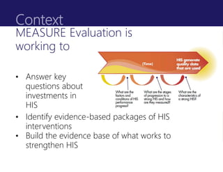 Context
• Answer key
questions about
investments in
HIS
MEASURE Evaluation is
working to
• Identify evidence-based package...
