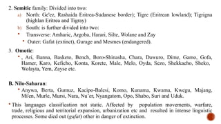 2. Semitic family: Divided into two:
a) North: Ge'ez, Rashaida Eritrea-Sudanese border); Tigre (Eritrean lowland); Tigrigna
(highlan Eritrea and Tigray)
b) South: is further divided into two:
 Transverse: Amharic, Argoba, Harari, Silte, Wolane and Zay
 Outer: Gafat (extinct), Gurage and Mesmes (endangered).
3. Omotic:
 , Ari, Banna, Basketo, Bench, Boro-Shinasha, Chara, Dawuro, Dime, Gamo, Gofa,
Hamer, Karo, Keficho, Konta, Korete, Male, Melo, Oyda, Sezo, Shekkacho, Sheko,
Wolayta, Yem, Zayse etc.
B. Nilo-Saharan:
 Anywa, Berta, Gumuz, Kacipo-Balesi, Komo, Kunama, Kwama, Kwegu, Majang,
Mi'en, Murle, Mursi, Nara, Nu’er, Nyangatom, Opo, Shabo, Suri and Uduk.
 This languages classification not static. Affected by population movements, warfare,
trade, religious and territorial expansion, urbanization etc and resulted in intense linguistic
processes. Some died out (gafat) other in danger of extinction.
 