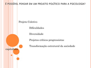 É POSSÍVEL PENSAR EM UM PROJETO POLÍTICO PARA A PSICOLOGIA?

Projeto Coletivo
Dificuldades
Diversidade
Projetos críticos progressistas
capitalista

Transformação estrutural da sociedade

 