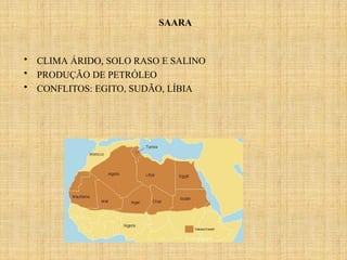 SAARA
• CLIMA ÁRIDO, SOLO RASO E SALINO
• PRODUÇÃO DE PETRÓLEO
• CONFLITOS: EGITO, SUDÃO, LÍBIA
 