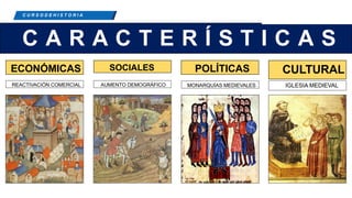 C R E E M O S E N L A E X I G E N C I A
C U R S O D E H I S T O R I A
C A R A C T E R Í S T I C A S
ECONÓMICAS SOCIALES POLÍTICAS CULTURAL
IGLESIA MEDIEVAL
MONARQUÍAS MEDIEVALES
AUMENTO DEMOGRÁFICO
REACTIVACIÓN COMERCIAL
 
