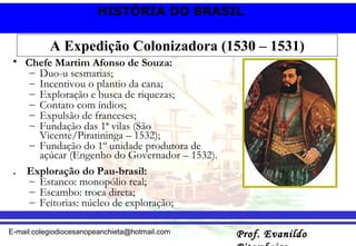 A Expedição Colonizadora (1530 – 1531) Chefe Martim Afonso de Souza: Duo-u sesmarias; Incentivou o plantio da cana; Exploração e busca de riquezas; Contato com índios; Expulsão de franceses; Fundação das 1ª vilas (São Vicente/Piratininga – 1532); Fundação do 1º unidade produtora de açúcar (Engenho do Governador – 1532). .  Exploração do Pau-brasil: Estanco: monopólio real; Escambo: troca direta; Feitorias: núcleo de exploração; 