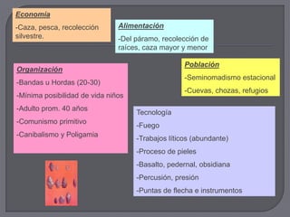 Economía
-Caza, pesca, recolección      Alimentación
silvestre.                     -Del páramo, recolección de
                               raíces, caza mayor y menor

                                                   Población
Organización
                                                   -Seminomadismo estacional
-Bandas u Hordas (20-30)
                                                   -Cuevas, chozas, refugios
-Mínima posibilidad de vida niños
-Adulto prom. 40 años
                                    Tecnología
-Comunismo primitivo
                                    -Fuego
-Canibalismo y Poligamia
                                    -Trabajos líticos (abundante)
                                    -Proceso de pieles
                                    -Basalto, pedernal, obsidiana
                                    -Percusión, presión
                                    -Puntas de flecha e instrumentos
 