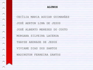 ALUNOS


CECÍLIA MARIA AGUIAR GUIMARÃES

JOSÉ AERTON LIMA DE JESUS

JOSÉ ALBERTO MENESES DO COUTO

MORGANA SILVEIRA LACERDA

THAYZE ANDRADE DE JESUS

VIVIANE DIAS DOS SANTOS

WADINGTON FERREIRA SANTOS
 