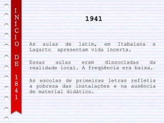 I
N                     1941
Í
C
I
O   As aulas de latim, em Itabaiana        e
    Lagarto apresentam vida incerta.
D
E   Essas   aulas    eram   dissociadas    da
    realidade local. A freqüência era baixa.
1   As escolas de primeiras letras refletia
8   a pobreza das instalações e na ausência
4   de material didático.
1
 
