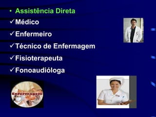 • Assistência Direta 
Médico 
Enfermeiro 
Técnico de Enfermagem 
Fisioterapeuta 
Fonoaudióloga 
 