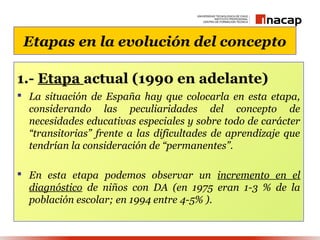 Etapas en la evolución del concepto

1.- Etapa actual (1990 en adelante)
 La situación de España hay que colocarla en esta etapa,
  considerando las peculiaridades del concepto de
  necesidades educativas especiales y sobre todo de carácter
  “transitorias” frente a las dificultades de aprendizaje que
  tendrían la consideración de “permanentes”.

 En esta etapa podemos observar un incremento en el
  diagnóstico de niños con DA (en 1975 eran 1-3 % de la
  población escolar; en 1994 entre 4-5% ).
 