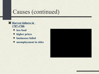 Causes (continued)
Harvest failures in
1787-1788:
  less food

  higher prices

  businesses failed

  unemployment in cities              QuickTimeª and a
                            TIFF (Uncompressed) decompressor
                               are needed to see this picture.
 