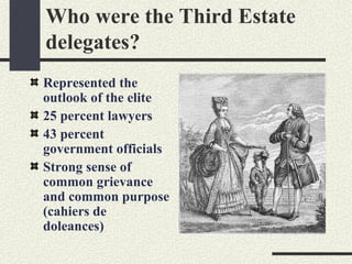 Who were the Third Estate
delegates?
Represented the
outlook of the elite
25 percent lawyers
43 percent
government officials
Strong sense of
common grievance
and common purpose
(cahiers de
doleances)
 
