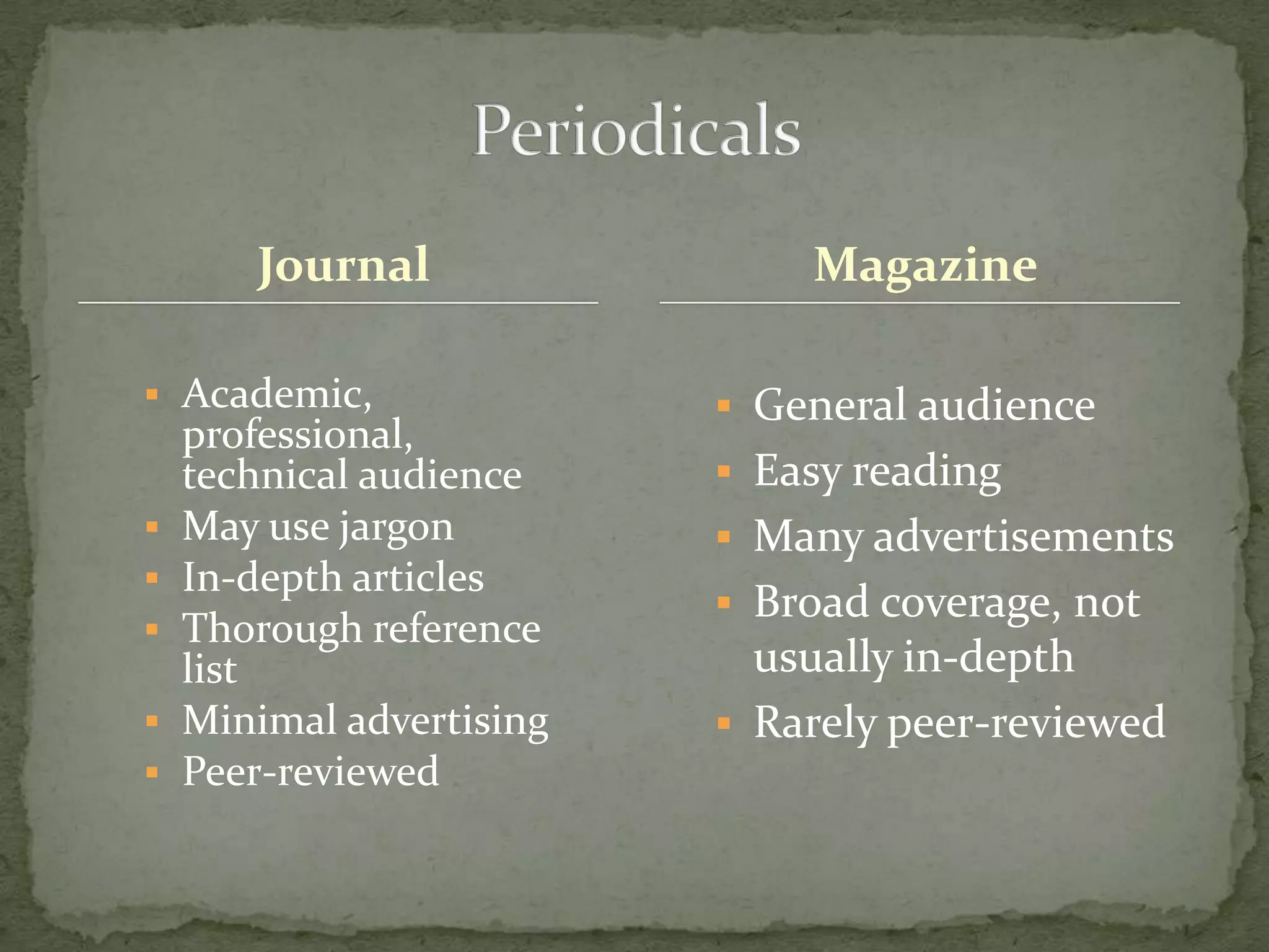 Journal                Magazine

 Academic,                General audience
    professional,
    technical audience     Easy reading
   May use jargon         Many advertisements
   In-depth articles
                           Broad coverage, not
   Thorough reference
    list                    usually in-depth
   Minimal advertising    Rarely peer-reviewed
   Peer-reviewed
 