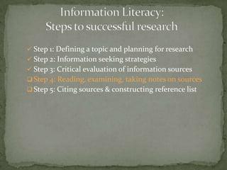  Step 1: Defining a topic and planning for research
 Step 2: Information seeking strategies
 Step 3: Critical evaluation of information sources
 Step 4: Reading, examining, taking notes on sources
 Step 5: Citing sources & constructing reference list
 