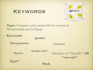 Keywords
• Topic: Compare and contrast life for women in
Mesopotamia and in Egypt
• Keywords:
Mesopotamia
Wom?n
Egypt*
gender
customs
Gender role*
Work
“division of * labo#r” OR
“sex role”
 