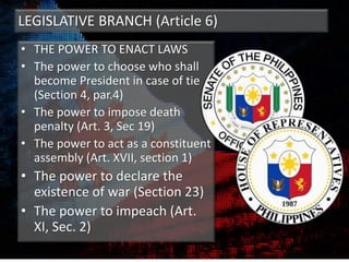 LEGISLATIVE BRANCH (Article 6)
• THE POWER TO ENACT LAWS
• The power to choose who shall
become President in case of tie
(Section 4, par.4)
• The power to impose death
penalty (Art. 3, Sec 19)
• The power to act as a constituent
assembly (Art. XVII, section 1)
• The power to declare the
existence of war (Section 23)
• The power to impeach (Art.
XI, Sec. 2)
 
