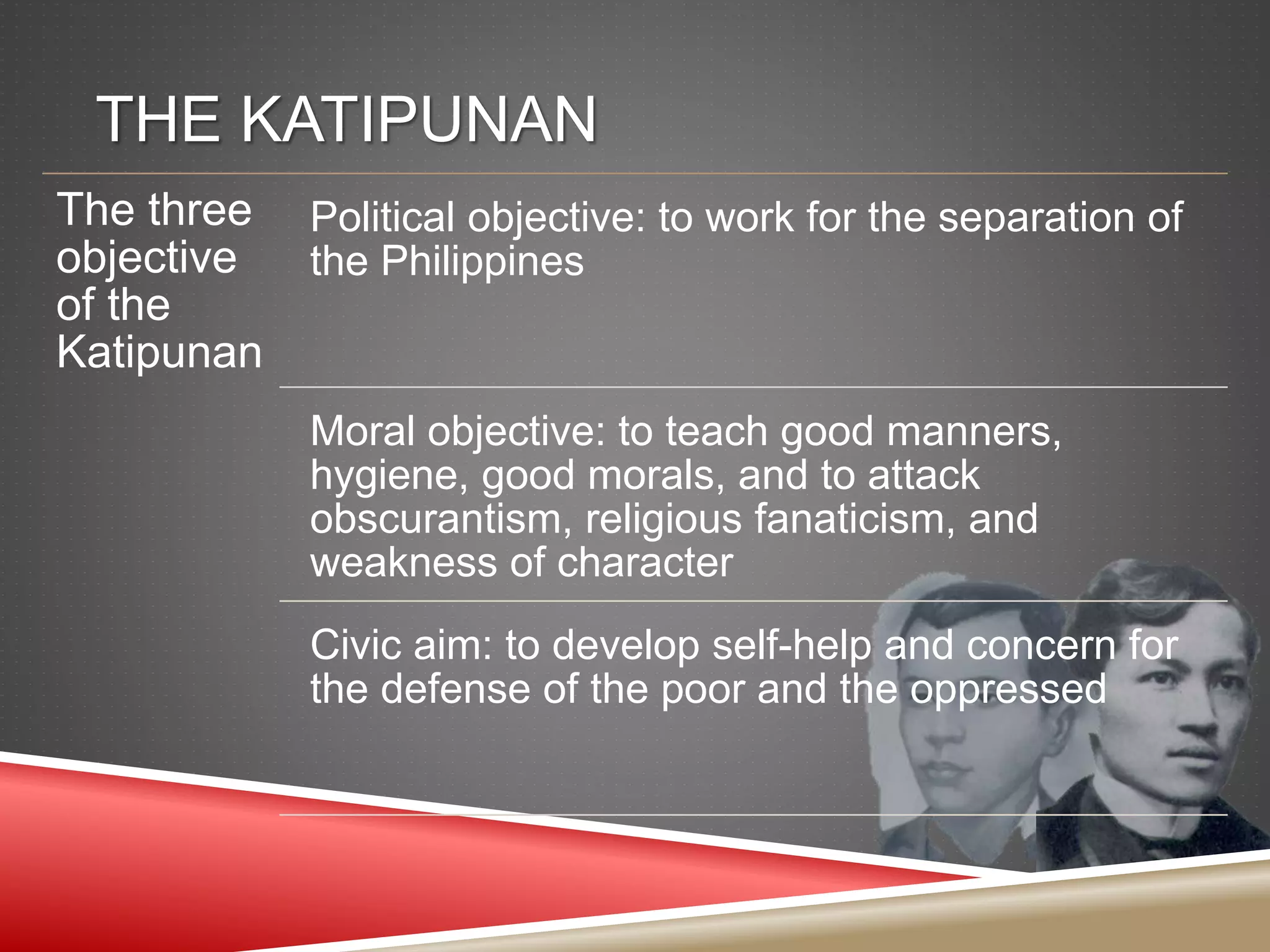 THE KATIPUNAN
The three
objective
of the
Katipunan
Political objective: to work for the separation of
the Philippines
Moral objective: to teach good manners,
hygiene, good morals, and to attack
obscurantism, religious fanaticism, and
weakness of character
Civic aim: to develop self-help and concern for
the defense of the poor and the oppressed
 