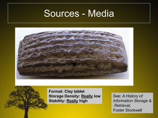 Sources - Media

Format: Clay tablet
Storage Density: Really low
Stability: Really high

See: A History of
Information Storage &
Retrieval,
Foster Stockwell

 