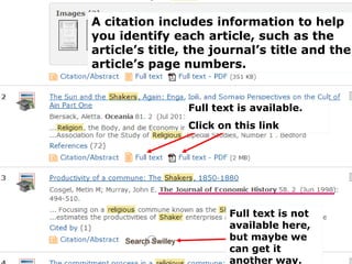 A citation includes information to help
you identify each article, such as the
article’s title, the journal’s title and the
article’s page numbers.
Full text is available.
Click on this link
Full text is not
available here,
but maybe we
can get it
another way.
 