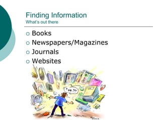 Finding Information
What’s out there
 Books
 Newspapers/Magazines
 Journals
 Websites
 