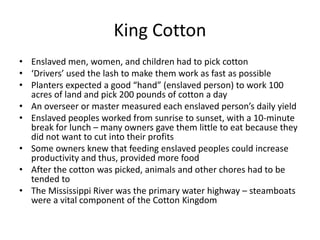 King Cotton
• Enslaved men, women, and children had to pick cotton
• ‘Drivers’ used the lash to make them work as fast as possible
• Planters expected a good “hand” (enslaved person) to work 100
acres of land and pick 200 pounds of cotton a day
• An overseer or master measured each enslaved person’s daily yield
• Enslaved peoples worked from sunrise to sunset, with a 10-minute
break for lunch – many owners gave them little to eat because they
did not want to cut into their profits
• Some owners knew that feeding enslaved peoples could increase
productivity and thus, provided more food
• After the cotton was picked, animals and other chores had to be
tended to
• The Mississippi River was the primary water highway – steamboats
were a vital component of the Cotton Kingdom
 