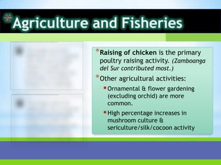 * Raising of chicken is the primary
 poultry raising activity. (Zamboanga
 del Sur contributed most.)
* Other agricultural activities:
   Ornamental & flower gardening
    (excluding orchid) are more
    common.
   High percentage increases in
    mushroom culture &
    sericulture/silk/cocoon activity
 