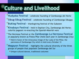 *Hudyaka Festival – celebrate founding of Zamboanga del Norte
*Sibug-Sibug Festival – celebrate founding of Zamboanga Sibugay
*Buklog Festival - thanksgiving festival of the Subanen
*Kinabayo Festival – held in Dapitan City, Zamboanga del Norte;
 colorful pageant re-enacting the Spanish-Moorish wars
* The Hermosa Festival or the Zamboanga La Hermosa Festival
 or popularly known as Fiesta Pilar (held each year in Zamboanga City)
   Held in honor of the miraculous image of Our Lady of the Pillar, the
    patroness of Zamboanga City which is held every October 12

*Megayon Festival -      highlights the cultural diversity of the three
 groups of people that populate Zamboanga del Sur
   Unique cultural dances, traditional costumes
 