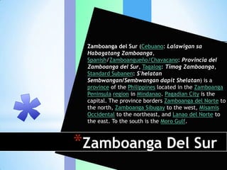 Zamboanga del Sur (Cebuano: Lalawigan sa
 Habagatang Zamboanga,
 Spanish/Zamboangueño/Chavacano: Provincia del
 Zamboanga del Sur, Tagalog: Timog Zamboanga,
 Standard Subanen: S'helatan
 Sembwangan/Sembwangan dapit Shelatan) is a
 province of the Philippines located in the Zamboanga
 Peninsula region in Mindanao. Pagadian City is the
 capital. The province borders Zamboanga del Norte to
 the north, Zamboanga Sibugay to the west, Misamis
 Occidental to the northeast, and Lanao del Norte to
 the east. To the south is the Moro Gulf.



*Zamboanga Del Sur
 