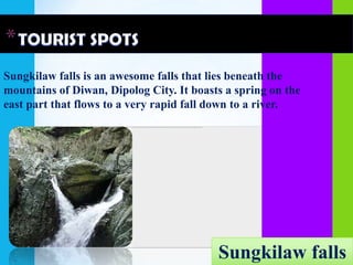 Sungkilaw falls is an awesome falls that lies beneath the
mountains of Diwan, Dipolog City. It boasts a spring on the
east part that flows to a very rapid fall down to a river.




                                          Sungkilaw falls
 