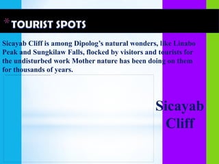 Sicayab Cliff is among Dipolog’s natural wonders, like Linabo
Peak and Sungkilaw Falls, flocked by visitors and tourists for
the undisturbed work Mother nature has been doing on them
for thousands of years.




                                                 Sicayab
                                                   Cliff
 