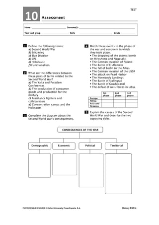 PHOTOCOPIABLE RESOURCE © Oxford University Press España, S.A. History ESO 4
TEST
Assessment
Name Surname(s) l
Year and group Date Grade _
_
Define the following terms:
a) Second World War
b) blitzkrieg
c) Blue Division
d) UN
e) Holocaust
f) Functionalism.
What are the differences between
these pairs of terms related to the
Second World War?
a) The Yalta and Potsdam
Conferences
b) The production of consumer
goods and production for the
military
c) Resistance fighters and
collaborators
d) Concentration camps and the
Holocaust
Complete the diagram about the
Second World War’s consequences.
Match these events to the phase of
the war and continent in which
they took place.
 The dropping of the atomic bomb
on Hiroshima and Nagasaki
 The German invasion of Poland
 The Battle of El Alamein
 The fall of Berlin to the Allies
 The German invasion of the USSR
 The attack on Pearl Harbor
 The Normandy Landings
 The Battle of Stalingrad
 The Battle of Guadalcanal
 The defeat of Axis forces in Libya
1st
phase
2nd
phase
3rd
phase
Europe
Africa
Asia and
Oceania
Explain the causes of the Second
World War and describe the two
opposing sides.
1
2
3
4
5
10
CONSEQUENCES OF THE WAR
Demographic Economic Political Territorial
 