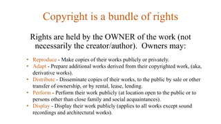 Also Consider
Fair Use
& the Public Domain
• Purpose and character of the use:
including whether such use is of a
commerci...
