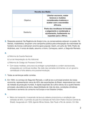2
Revolta dos Malês
Objetivo
Libertar escravos, matar
brancos e mulatos
considerados traidores e
acabar com a escravidão
africana.
Desfecho
Parte dos revoltosos foi levada
a julgamento e condenada a
açoitamento, fuzilamento ou
expulsão para a África.
5.	 Resposta possível: Na Regência de Araújo Lima, os conservadores estavam no poder. Os
liberais, insatisfeitos, lançaram uma campanha pública pela antecipação da maioridade do
herdeiro da Coroa e obtiveram enorme apoio popular. Assim, em julho de 1840, Pedro de
Alcântara, aos 14 anos de idade, assumiu o trono. Começava, assim, o Segundo Reinado.
6.
a) Reforma da Guarda Nacional.
b) Lei de Interpretação do Ato Adicional.
c) Reforma do Código do Processo Criminal.
•	 Com essas medidas, procurava-se proteger a propriedade e a ordem escravocrata,
ameaçadas por contínuas revoltas. Na visão das camadas dominantes, só um governo
centralizado e forte deteria uma possível revolução.
7.	 Todas as sentenças estão corretas.
8.	 Em 1840, no começo do Segundo Reinado, o café já era o principal produto da nossa
economia, representando cerca de 40% das exportações do Brasil, responsável por mais
da metade da produção mundial. A rápida expansão do cultivo deveu-se a quatro fatores
principais: abundância de terra, disponibilidade de mão de obra, condições climáticas
favoráveis e aumento do consumo na Europa e nos Estados Unidos.
9.
•	 Meios de transporte: A expansão da lavoura cafeeira proporcionou a ampliação das
estradas de ferro. A primeira do país foi a Estrada de Ferro Dom Pedro II (futura Central do
Brasil), inaugurada em 1859, ligando Minas Gerais, São Paulo e Rio de Janeiro. Em São
 