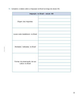 9
15. Complete a tabela sobre a imigração no Brasil ao longo do século XIX.
Imigração no Brasil – século XIX
Origem dos imigrantes
Locais onde trabalharam no Brasil
Atividades realizadas no Brasil
Formas de preservação de sua
cultura no Brasil
Cópiaautorizada.
 
