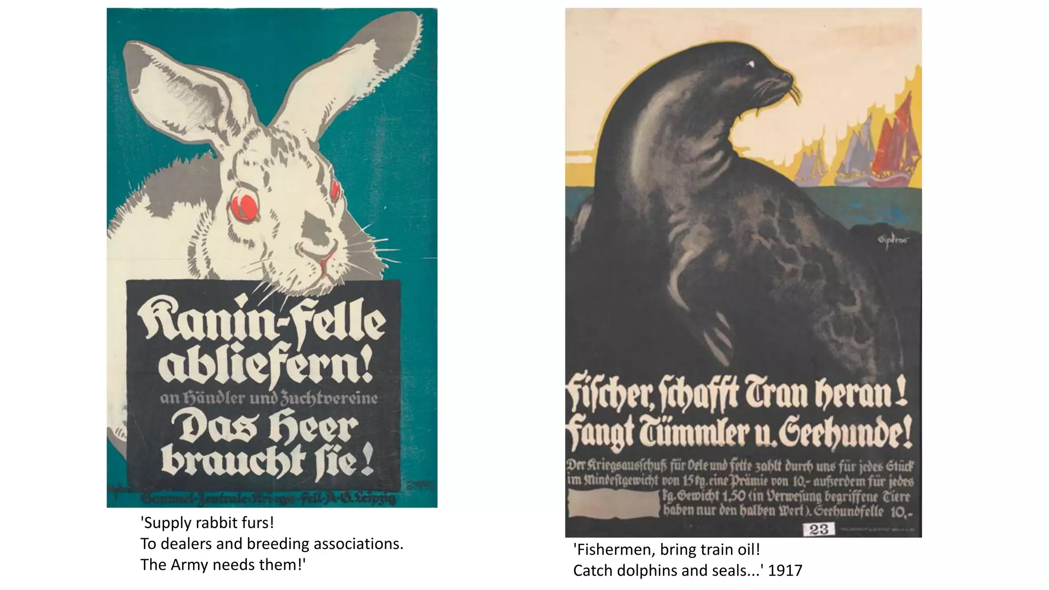 'Supply rabbit furs!
To dealers and breeding associations.
The Army needs them!'
'Fishermen, bring train oil!
Catch dolphins and seals...' 1917
 