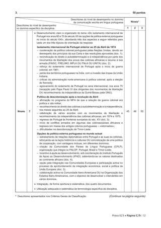 3.  .................................................................................................................................................... 	 50 pontos

                                                                      Descritores do nível de desempenho no domínio
                                                                        da comunicação escrita em língua portuguesa                              Níveis*
 Descritores do nível de desempenho
 no domínio específico da disciplina                                                                                                        1        2        3

                       •• Desenvolvimento claro e organizado do tema «Do isolamento internacional de
                          Portugal nos anos 60 e 70 do século XX às opções da política externa portuguesa
                          no início do século XXI», abordando três dos aspectos a seguir referidos para
                          cada um dos três tópicos de orientação da resposta:
                           Isolamento internacional de Portugal anterior ao 25 de Abril de 1974
                           –– condenação da política colonial portuguesa pelas Nações Unidas, devido ao
                             desrespeito dos princípios da sua Carta e das resoluções aprovadas (doc. 1);
                           –– reivindicação do direito à autodeterminação e à independência por parte dos
                             movimentos de libertação dos povos das colónias africanas e recurso à luta
                             armada (PAIGC, FRELIMO, MPLA OU FNLA OU UNITA) (doc. 2);
                           –– reforço do isolamento internacional de Portugal após o início da guerra
                             colonial, em 1961;
                           –– perda dos territórios portugueses na Índia, com a invasão das tropas da União
                             Indiana;
                           –– críticas da administração norte-americana à política colonial, após a eleição
                             de Kennedy;
                           –– agravamento do isolamento de Portugal na cena internacional, nos anos 70
                             (recepção pelo Papa Paulo VI dos dirigentes dos movimentos de libertação
                             OU reconhecimento da independência da Guiné-Bissau pela ONU).
                           Política de descolonização após a revolução de Abril
                           –– afirmação no programa do MFA de que a solução da guerra colonial era
                              política e não militar;
                           –– reconhecimento do direito das colónias à autodeterminação e à independência,
                             nos meses seguintes ao 25 de Abril;
  Níveis         7                                                                                                                          45       48      50
                           –– celebração de vários acordos com os movimentos de libertação e
                             reconhecimento da independência das colónias africanas, em 1974 e 1975;
                           –– regresso de Portugal às fronteiras europeias do séc. XV (doc. 3);
                           –– início de conflitos armados em algumas das colónias/países africanos e
                             regresso em massa dos antigos colonos portugueses – «retornados»;
                           –– dificuldades na descolonização de Timor-Leste.
                           Opções da política externa portuguesa no mundo actual
                           –– estreitamento de relações diplomáticas entre Portugal e as suas ex-colónias,
                             reforçando-se os laços históricos e culturais OU concretização de uma política
                             de cooperação, com vantagens mútuas, em diferentes domínios;
                           –– criação da Comunidade dos Países de Língua Portuguesa (CPLP),
                             organização que integra os PALOP, Portugal, Brasil e Timor-Leste;
                           –– incentivo à ajuda ao desenvolvimento, sob coordenação do Instituto Português
                             de Apoio ao Desenvolvimento (IPAD), salientando-se os valores destinados
                             ao continente africano (doc. 4);
                           –– opção pela integração nas Comunidades Europeias e participação activa no
                             processo de aprofundamento da integração económica, social e política da
                             União Europeia (doc. 3);
                           –– colaboração activa na Comunidade Ibero-Americana OU na Organização dos
                             Estados Ibero-Americanos, com o objectivo de desenvolver o intercâmbio em
                             vários domínios.

                       •• Integração, de forma oportuna e sistemática, dos quatro documentos.

                       •• Utilização adequada e sistemática da terminologia específica da disciplina.


* Descritores apresentados nos Critérios Gerais de Classificação.	                                                    (Continua na página seguinte)




                                                                                                                          Prova 623 • Página C/9/ 12
 
