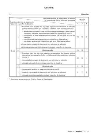 GRUPO II


1.  .................................................................................................................................................... 	 20 pontos

                                                                      Descritores do nível de desempenho no domínio
                                                                        da comunicação escrita em língua portuguesa                              Níveis*
 Descritores do nível de desempenho
 no domínio específico da disciplina                                                                                                        1        2        3

                       •• Enunciado claro de três dos seguintes aspectos característicos da situação
                          política internacional em que «só os EUA e a URSS eram grandes potências»:
                           –– existência de um mundo bipolar: o bloco ocidental/capitalista e o bloco oriental/
                             /comunista, liderados, respectivamente, pelos EUA e pela URSS (doc. 2);
                           –– constituição de duas alianças político-militares (NATO/OTAN e Pacto de
                 5           Varsóvia);                                                                                                     18       19      20
                           –– clima de tensão e afrontamento entre os dois blocos (Guerra Fria);
                           –– corrida aos armamentos OU equilíbrio pelo terror OU ameaça nuclear.

                       •• Interpretação completa do documento, por referência ao solicitado.

                       •• Utilização adequada e sistemática da terminologia específica da disciplina.

                 4                                                  Nível intercalar                                                        15       16      17
  Níveis
                       •• Enunciado claro de dois dos aspectos característicos da situação política
                          internacional em que «só os EUA e a URSS eram grandes potências», referidos
                          no nível 5.
                 3                                                                                                                          12       13      14
                       •• Interpretação incompleta do documento, por referência ao solicitado.

                       •• Utilização adequada da terminologia específica da disciplina.

                 2                                                  Nível intercalar                                                        9        10       11

                       •• Apresentação genérica de aspectos referidos no nível 5.

                 1     •• Incipiente interpretação do documento, por referência ao solicitado.                                              6        7        8

                       •• Utilização pouco rigorosa da terminologia específica da disciplina.

* Descritores apresentados nos Critérios Gerais de Classificação.




                                                                                                                          Prova 623 • Página C/7/ 12
 