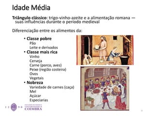 Idade Média
Triângulo clássico: trigo-vinho-azeite e a alimentação romana —
suas influências durante o período medieval
Diferenciação entre os alimentos da:
• Classe pobre
Pão
Leite e derivados
• Classe mais rica
Vinho
Cerveja
Carne (porco, aves)
Peixe (região costeira)
Ovos
Vegetais
• Nobreza
Variedade de carnes (caça)
Mel
Açúcar
Especiarias
31
 