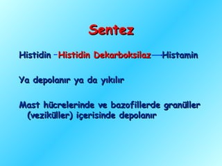 Sentez
Histidin Histidin Dekarboksilaz   Histamin

Ya depolanır ya da yıkılır

Mast hücrelerinde ve bazofillerde granüller
 (veziküller) içerisinde depolanır
 