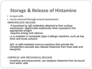 Storage & Release of Histamine
 in mast cells
 can be released through several mechanisms.
-IMMUNOLOGIC RELEASE
-if sensitized by IgE antibodies attached to their surface
membranes, degranulate explosively when exposed to the
appropriate antigen
-requires energy and calcium.
- is a mediator in immediate (type I) allergic reactions, such as hay
fever and acute urticaria
IgG- or IgM-mediated immune reactions that activate the
complement cascade also release histamine from mast cells and
basophils
-CHEMICAL AND MECHANICAL RELEASE
-morphine and tubocurarine, can displace histamine from its bound
form within cells
 