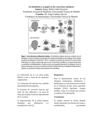 La histamina y su papel en las reacciones alérgicas
Autora: Nancy Belén Cabal Guerrero
Estudiante, Escuela de Medicina, Universidad Técnica de Manabí
Coautor: Dr. Jorge Cañarte Alcívar
Catedrático de Inmunología, Universidad Técnica de Manabí
La obstrucción de la vía aérea puede
deberse a uno o varios de los siguientes
componentes:
1) Contracción del músculo liso, también
denominado broncoespasmo.
2) Aumento de secreción mucosa, que
suele ser muy adherente y en casos de
asma grave puede ocasionar taponamiento
de la vía aérea.
3) Engrosamiento de la pared traqueo-
bronquial por inflamación y/o
remodelación. (8) (12)
Diagnóstico
Para la determinación clínica de los
alérgenos alimentarios, inhalatorios y
panalérgenos se usan técnicas que se basan
en la medición de IgE sérica específica
mediante ELISA individual. Aunque
también, como en la alergia por contacto
se realiza el Test del parche.
Tratamiento
El manejo consiste en buscar dirigida
mente a pacientes con factores de riesgo o
sensibilizados, previniendo
 
