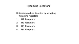 Histamine Receptors
Histamine produce its action by activating
histamine receptors
1. H1 Receptors
2. H2 Receptors
3. H3 Receptors
4. H4 Receptors
 