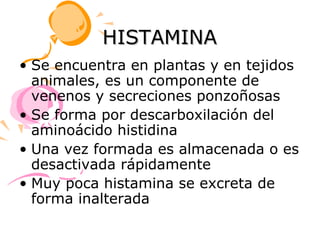 HISTAMINA
• Se encuentra en plantas y en tejidos
  animales, es un componente de
  venenos y secreciones ponzoñosas
• Se forma por descarboxilación del
  aminoácido histidina
• Una vez formada es almacenada o es
  desactivada rápidamente
• Muy poca histamina se excreta de
  forma inalterada
 