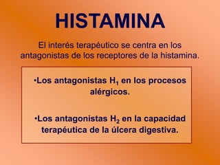 El interés terapéutico se centra en los
antagonistas de los receptores de la histamina.
•Los antagonistas H1 en los procesos
alérgicos.
•Los antagonistas H2 en la capacidad
terapéutica de la úlcera digestiva.
HISTAMINA
 