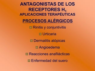ANTAGONISTAS DE LOS
RECEPTORES H1
APLICACIONES TERAPÉUTICAS
PROCESOS ALÉRGICOS
Rinitis y conjuntivitis
Urticaria
Dermatitis atópicas
Angioedema
Reacciones anafilácticas
Enfermedad del suero
 